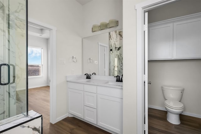 bathroom featuring vanity, toilet, wood-type flooring, and walk in shower