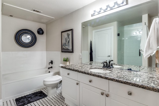 full bathroom featuring toilet, vanity, separate shower and tub, and tile patterned flooring