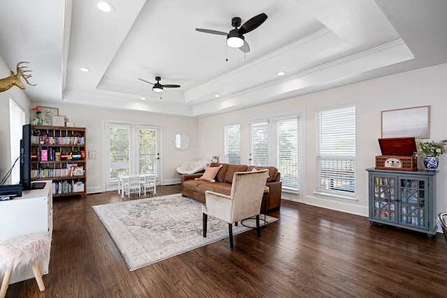 living room featuring a raised ceiling, ceiling fan, dark wood-type flooring, and ornamental molding