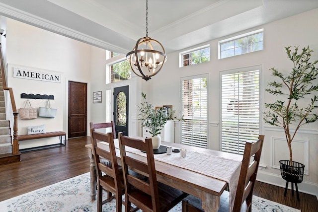 dining room featuring dark wood-type flooring, a tray ceiling, and an inviting chandelier