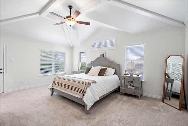 carpeted bedroom with ceiling fan, lofted ceiling, and crown molding