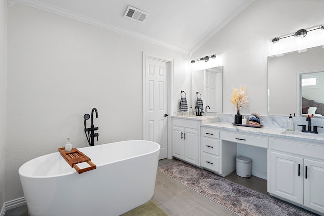 bathroom with lofted ceiling, tile patterned flooring, vanity, a bath, and ornamental molding