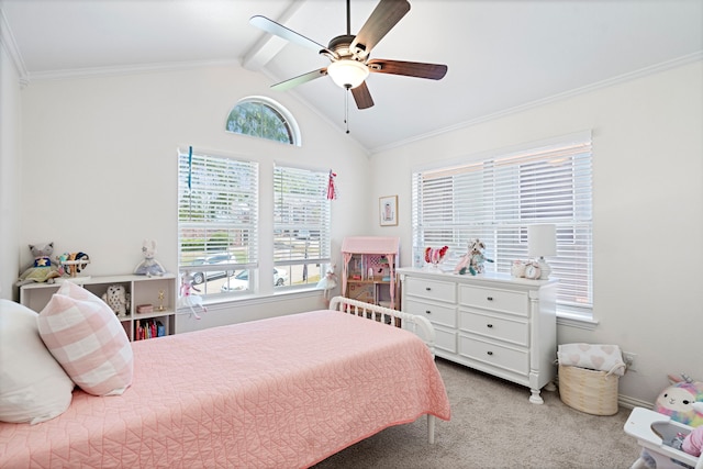 bedroom with ceiling fan, light colored carpet, ornamental molding, and vaulted ceiling with beams