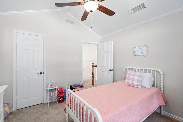 carpeted bedroom featuring ceiling fan, ornamental molding, and vaulted ceiling with beams