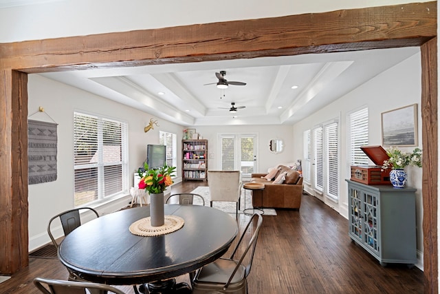 dining space featuring ceiling fan, dark hardwood / wood-style floors, and a tray ceiling