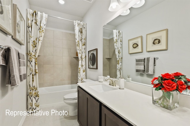 full bathroom with toilet, tile patterned floors, vanity, and shower / tub combo with curtain