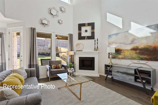 living room featuring a high ceiling and dark wood-type flooring