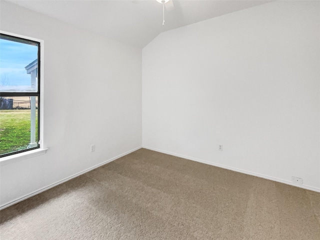 spare room with carpet floors and vaulted ceiling