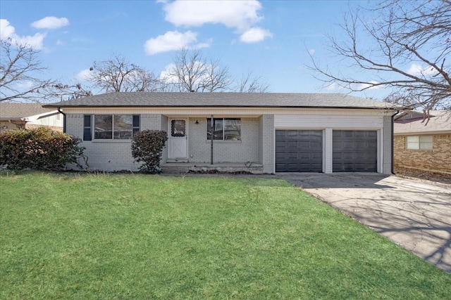 ranch-style home with an attached garage, brick siding, concrete driveway, roof with shingles, and a front yard