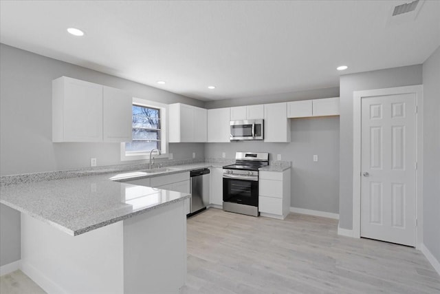 kitchen featuring stainless steel appliances, a peninsula, a sink, and white cabinets