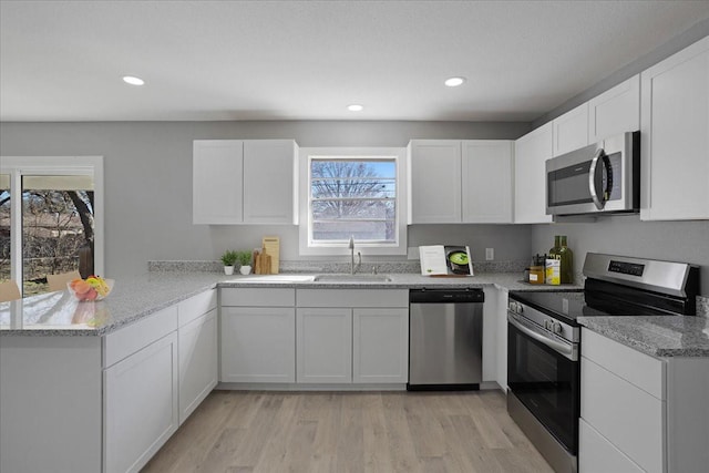 kitchen featuring stainless steel appliances, a peninsula, a sink, white cabinetry, and light wood-style floors