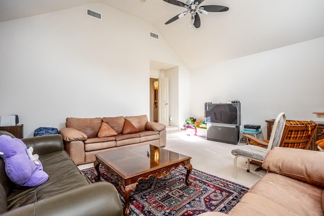 living room featuring carpet floors, lofted ceiling, and ceiling fan