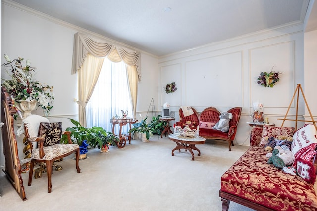 living room featuring carpet and crown molding