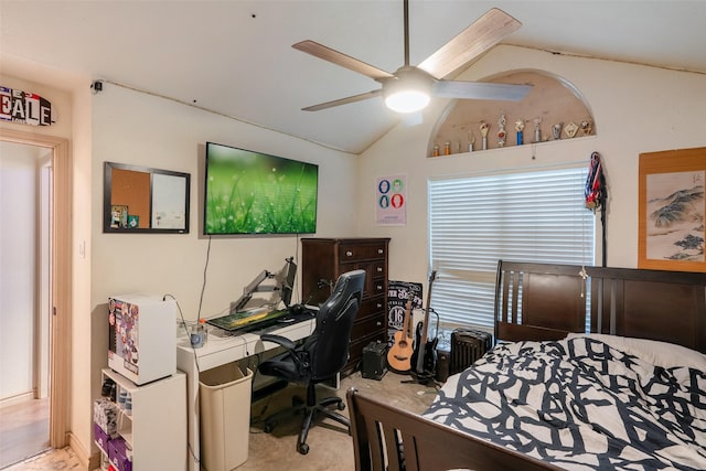 bedroom with ceiling fan and lofted ceiling