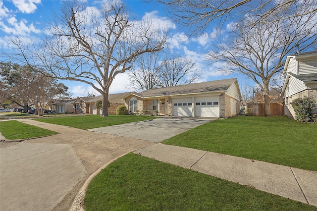 ranch-style home with a garage and a front yard