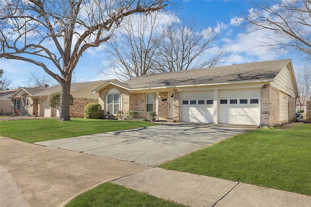 ranch-style home with a front lawn and a garage