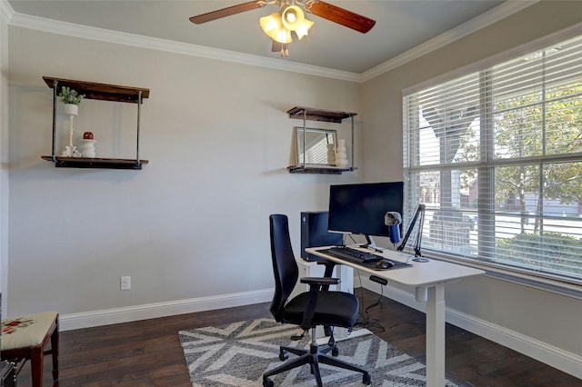 office featuring dark wood-type flooring, crown molding, and a healthy amount of sunlight