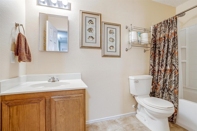 full bathroom featuring a textured ceiling, tile patterned floors, vanity, shower / tub combo, and toilet