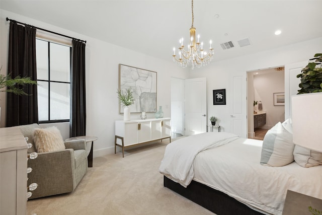 carpeted bedroom featuring an inviting chandelier and connected bathroom