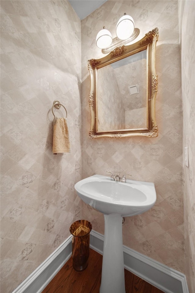 bathroom with hardwood / wood-style floors