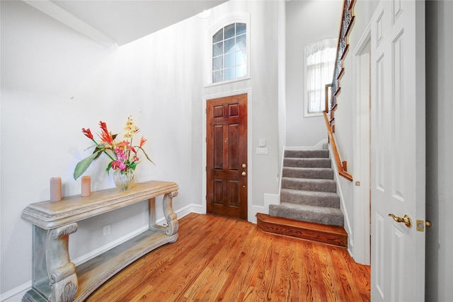 foyer entrance featuring light wood-type flooring and crown molding