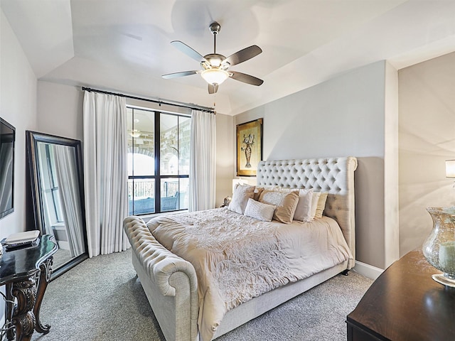 bedroom with ceiling fan and carpet flooring