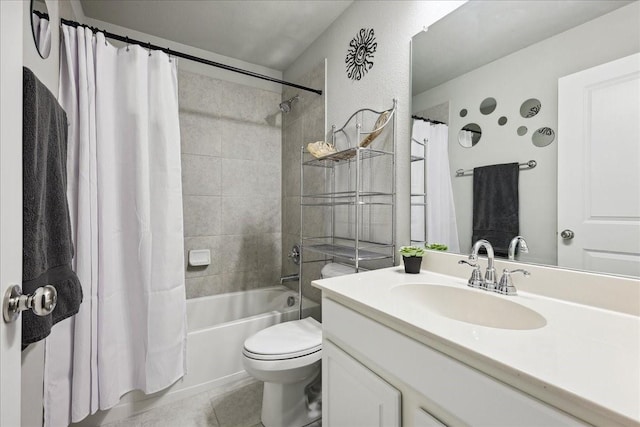 full bathroom with toilet, tile patterned floors, vanity, and shower / bathtub combination with curtain