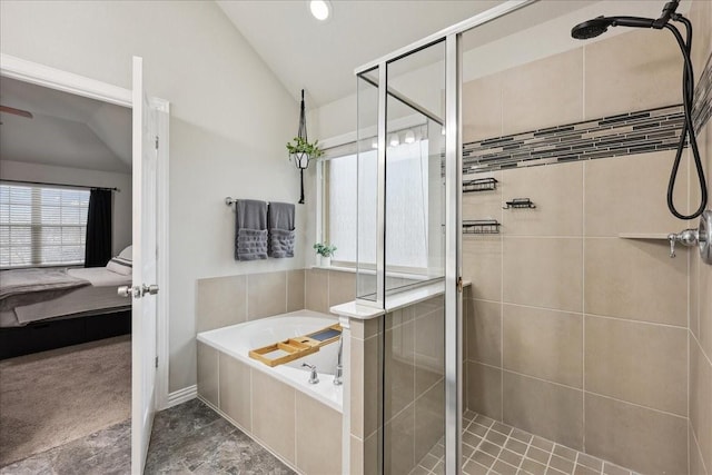 bathroom with plus walk in shower and lofted ceiling