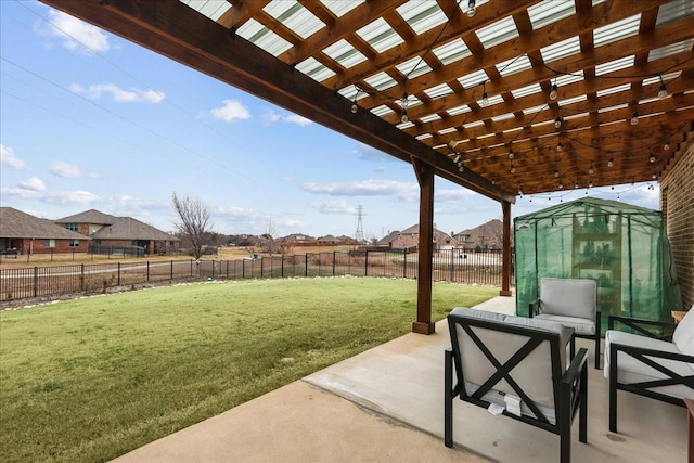 view of patio / terrace with an outdoor hangout area, an outbuilding, and a pergola