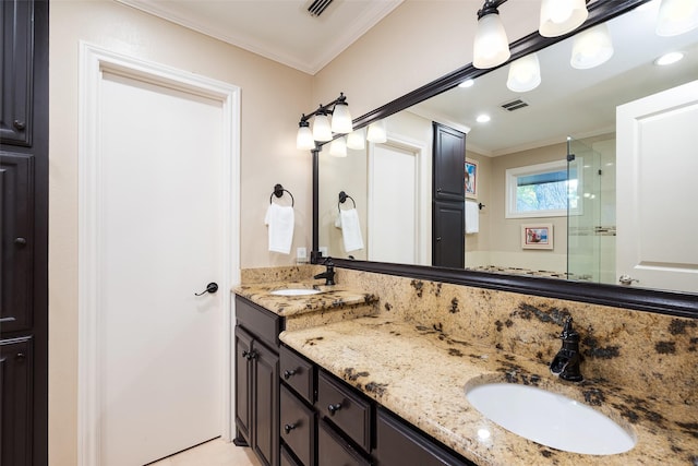 bathroom with walk in shower, vanity, and crown molding