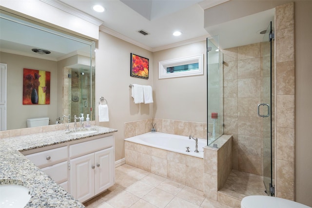 full bathroom with tile patterned flooring, vanity, toilet, crown molding, and independent shower and bath