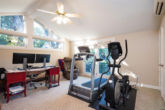 exercise area with light carpet, vaulted ceiling, and a wall unit AC