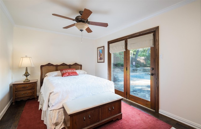 bedroom featuring ceiling fan, access to exterior, crown molding, and dark wood-type flooring