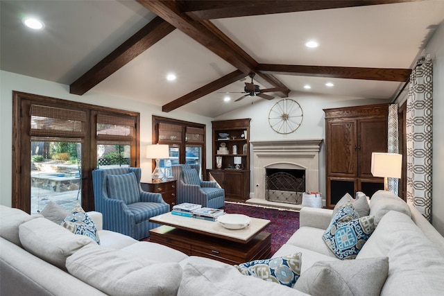 living room featuring vaulted ceiling with beams