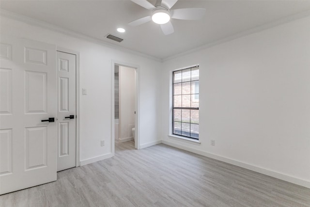 unfurnished bedroom with crown molding, ceiling fan, ensuite bathroom, and light hardwood / wood-style floors