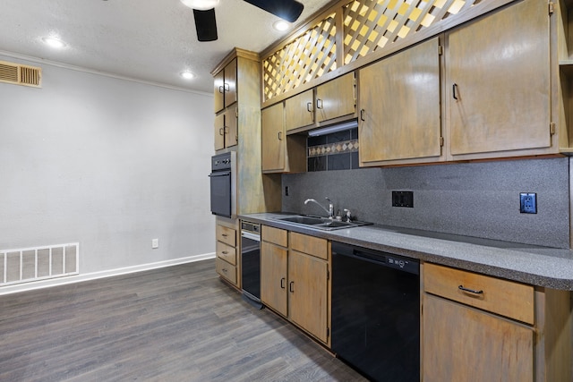 kitchen featuring ceiling fan, black appliances, dark wood-type flooring, crown molding, and sink