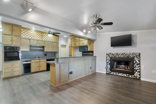 kitchen featuring hardwood / wood-style floors, kitchen peninsula, ceiling fan, backsplash, and black appliances