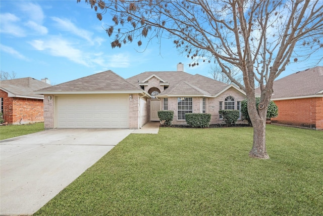 ranch-style home with a front lawn and a garage