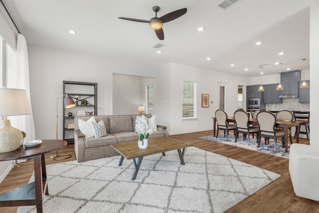 living room with ceiling fan and hardwood / wood-style floors