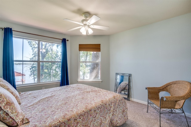 carpeted bedroom featuring ceiling fan and multiple windows