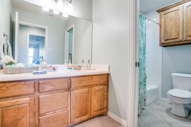 full bathroom with toilet, vanity, and shower / bath combination with curtain