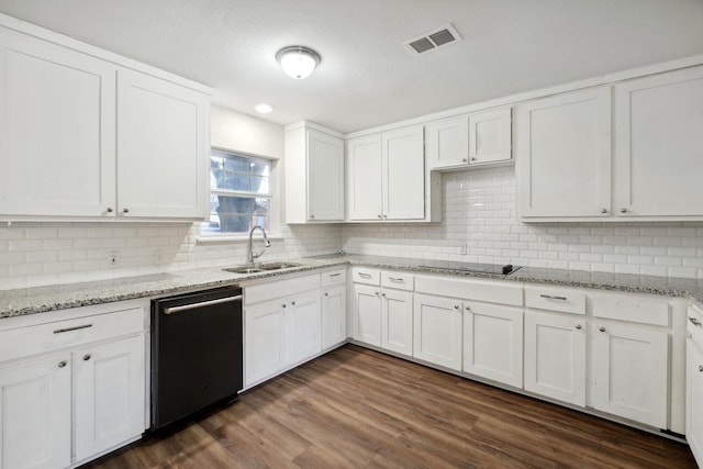 kitchen with black appliances, white cabinets, dark wood-type flooring, and sink