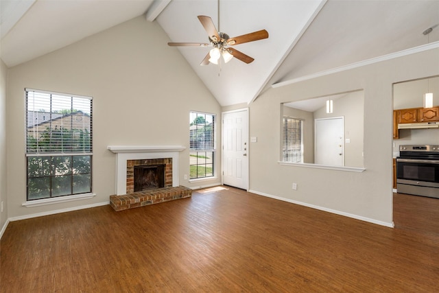 unfurnished living room featuring high vaulted ceiling, wood-type flooring, a brick fireplace, and ceiling fan