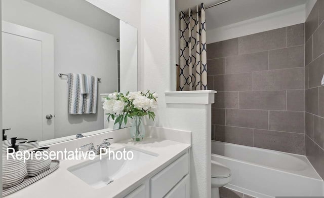 full bathroom with shower / bath combo with shower curtain, toilet, and vanity