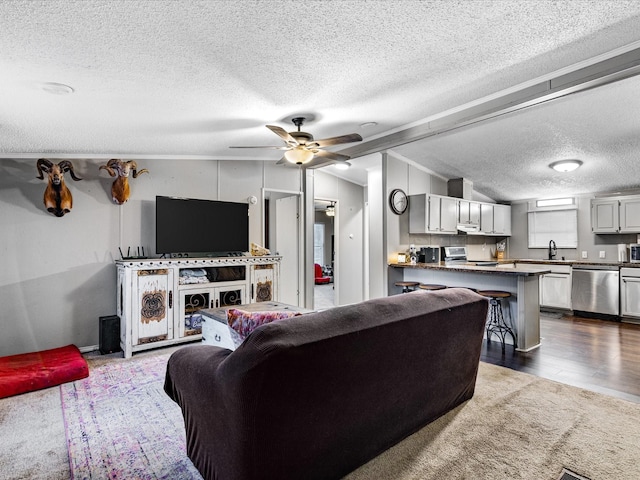 living room with sink, ceiling fan, hardwood / wood-style floors, and lofted ceiling