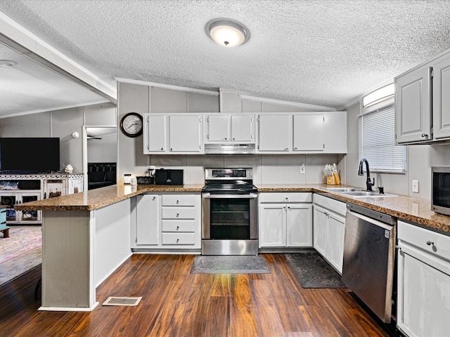 kitchen featuring lofted ceiling, dark wood-type flooring, white cabinetry, stainless steel appliances, and kitchen peninsula