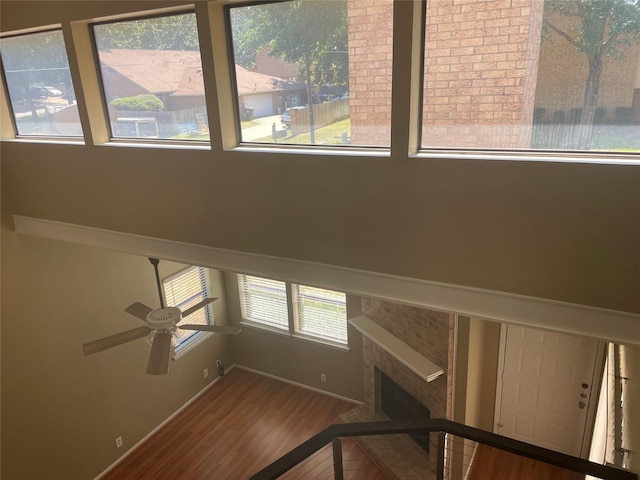 stairs featuring ceiling fan and hardwood / wood-style floors