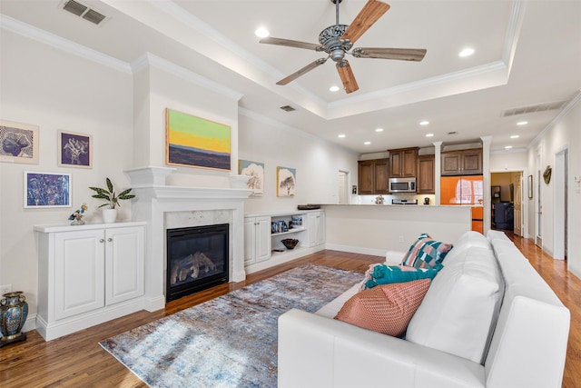 living room with light hardwood / wood-style floors, ornamental molding, a raised ceiling, and a premium fireplace