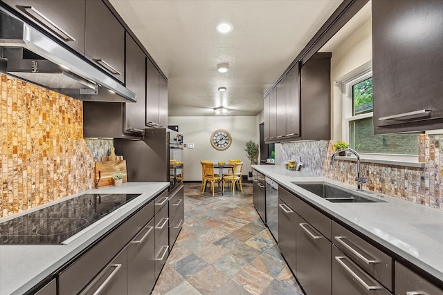 kitchen featuring appliances with stainless steel finishes, sink, backsplash, and dark brown cabinetry