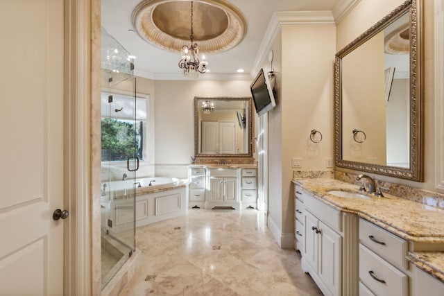 bathroom with vanity, crown molding, a tray ceiling, a chandelier, and shower with separate bathtub